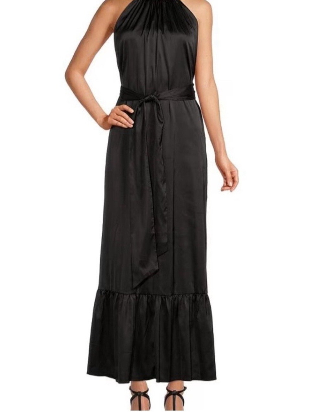 Belle Badgley Mischka Women’s Black Gemma Gown Halter Belted Size US 8